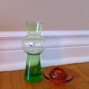 Vintage uranium glass vase made in Italy plus manganese candle holder